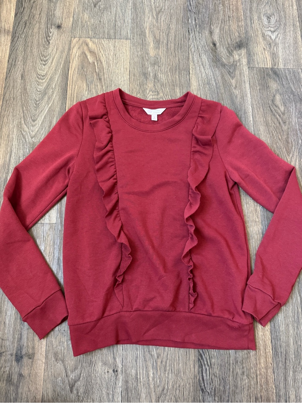 LC Lauren Conrad Women’s S Burgundy Fleece Crewneck Pullover Ruffle Solid